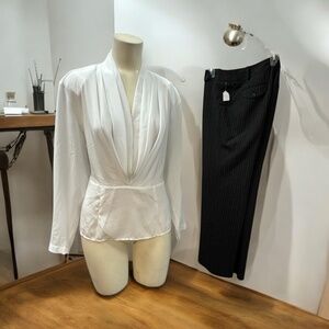 San Andrè, Woman, Casual Bluse+Pant Suit, White, Black,Sz 8,Long Sleeve,V neck.!